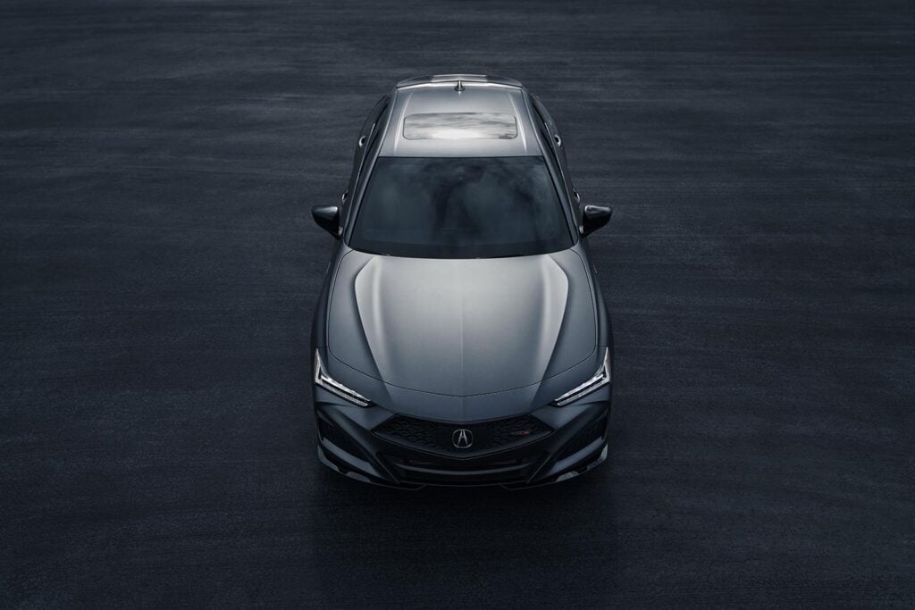 Aerial view Acura TLX Gotham Gray PMC Edition black background