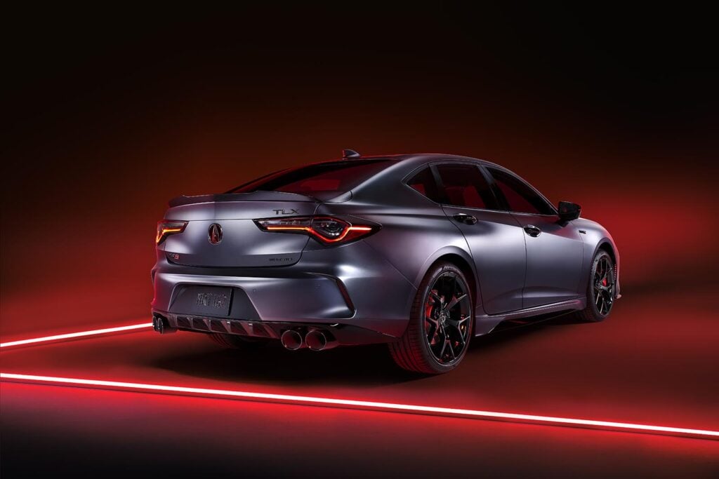 rear shot Gotham Grey Acura TLX Type S PMC on black background red glowing lines