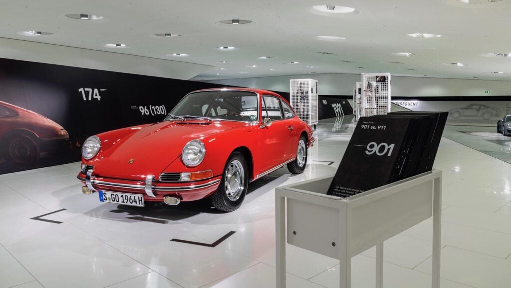 Red Porsche 911 in showroom floor