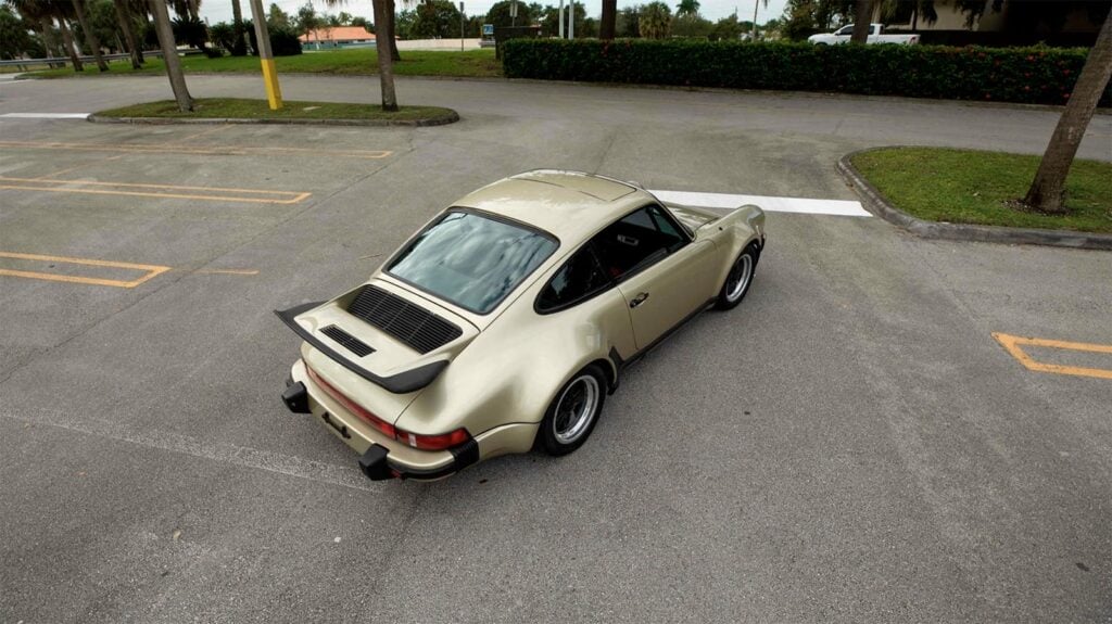 Aerial view of Porsche 930 in parking lot