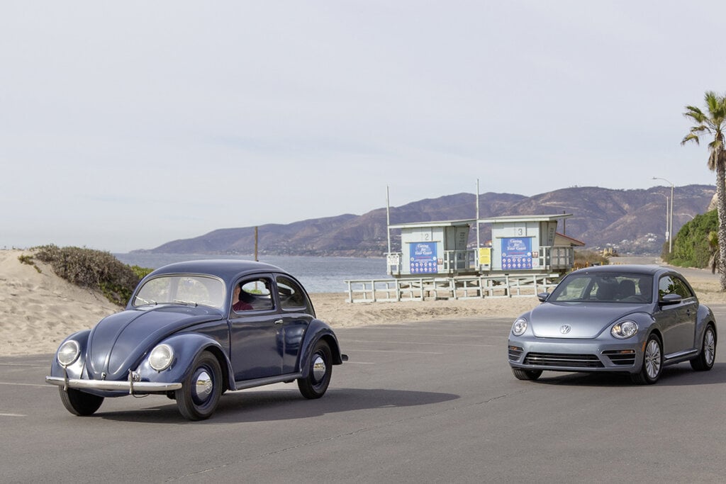 two VW bugs old type 1 and modern type 1