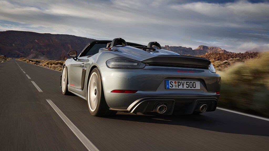 rear side of grey porsche 718 spyder model