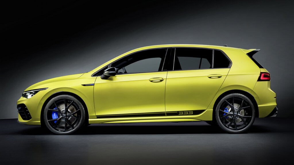 side view ofGreen Volkswagen Golf R 333 hatchback