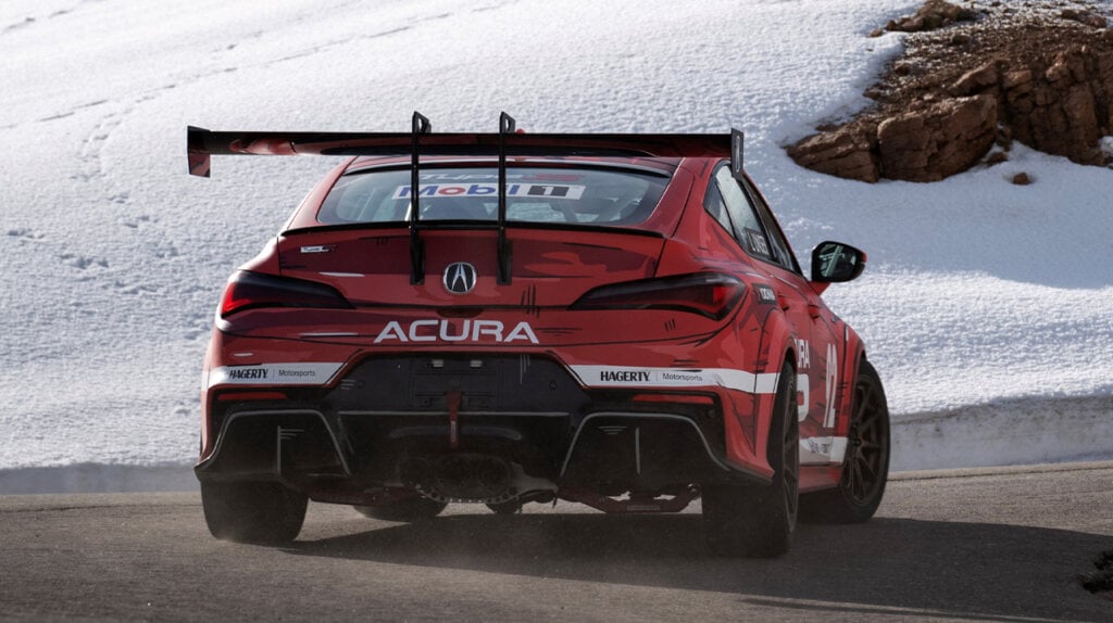 rear of red 2024 Acura Integra Type S Pikes Peak race car