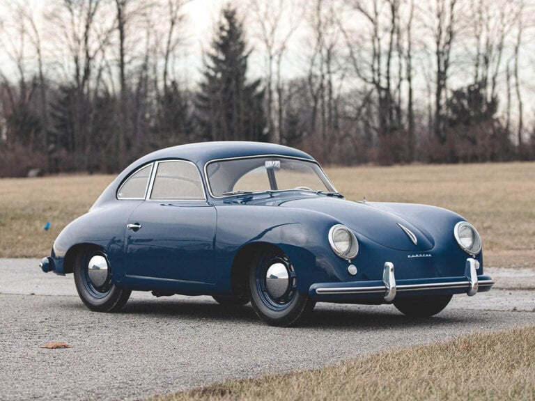dark blue Porsche 356 1100 “Pre-A” Coupe in the woods