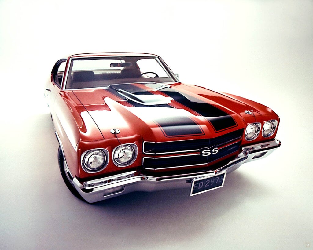 red 1970 chevelle ss 396 with black racing stripes
