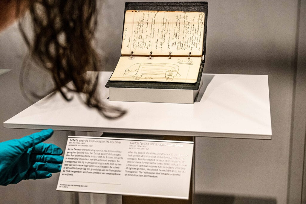 Small sketch book with a museum note about the work and artists with women wearing gloves