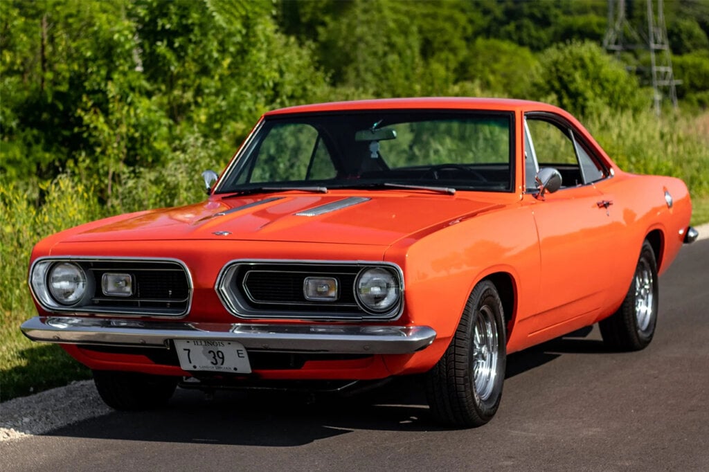 front view of an orange Plymouth Barracuda