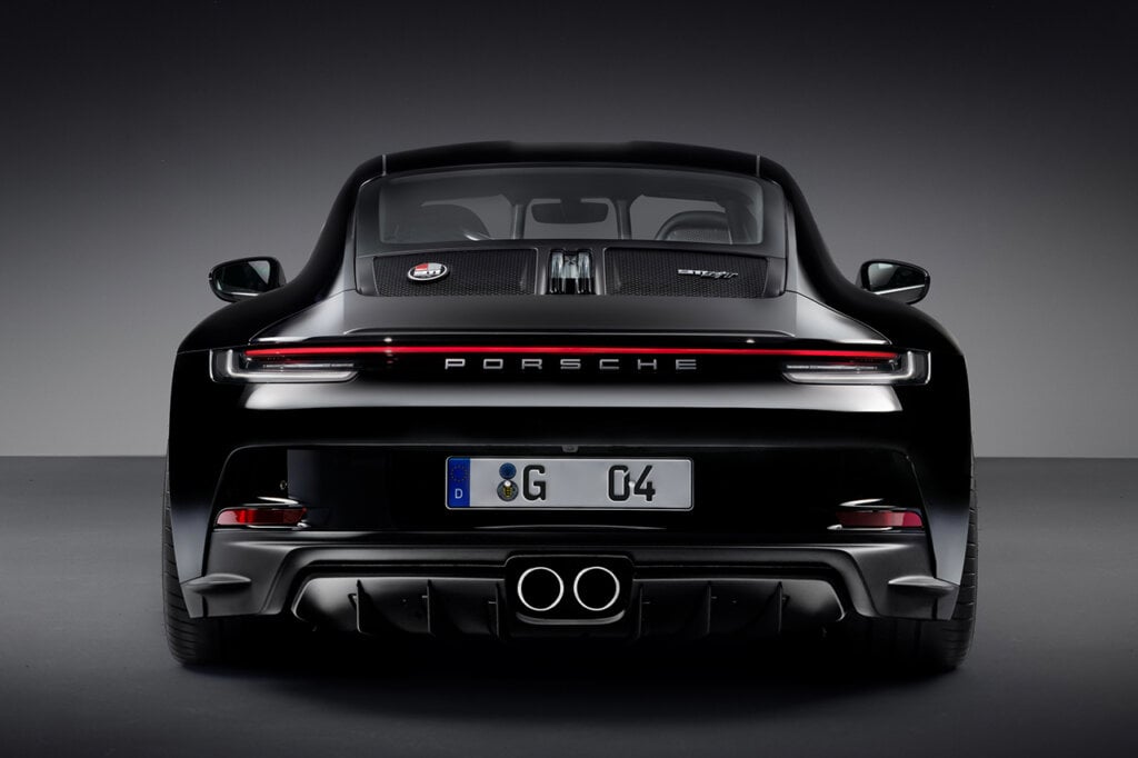 rear of a Porsche 911 S/T in black on dark background