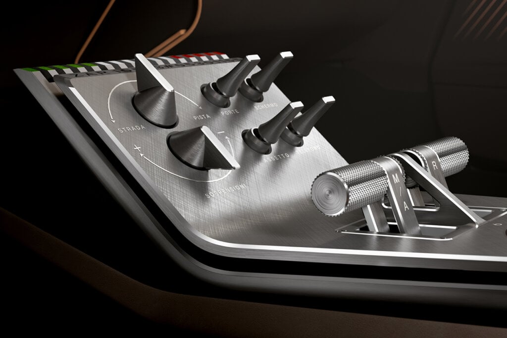metal finished center console for personal climate control in 33 Stradale. Knobs and levers on a silver panel with black interior behind it