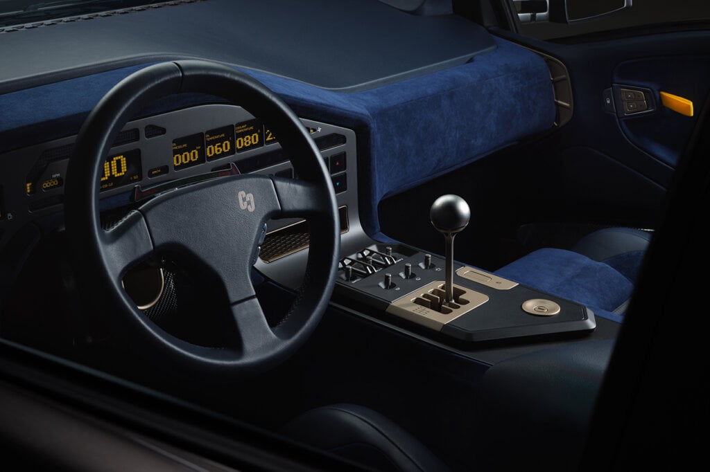 Retro Digital Dash and Blue alcantara interior of a Lamborghini 
