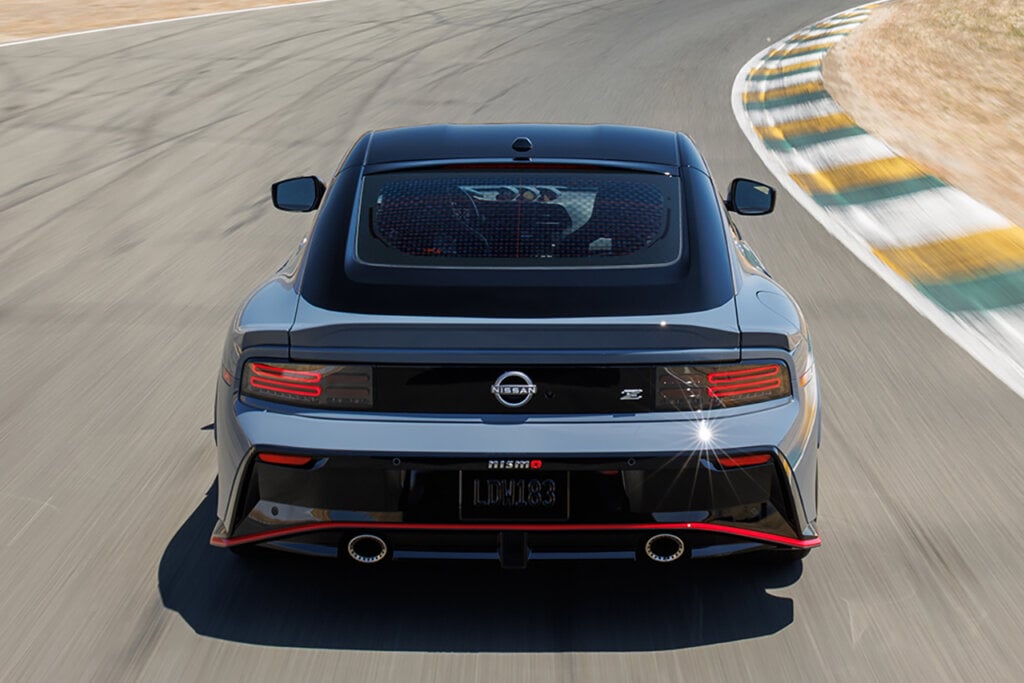 rear shot of Nissan car on track 