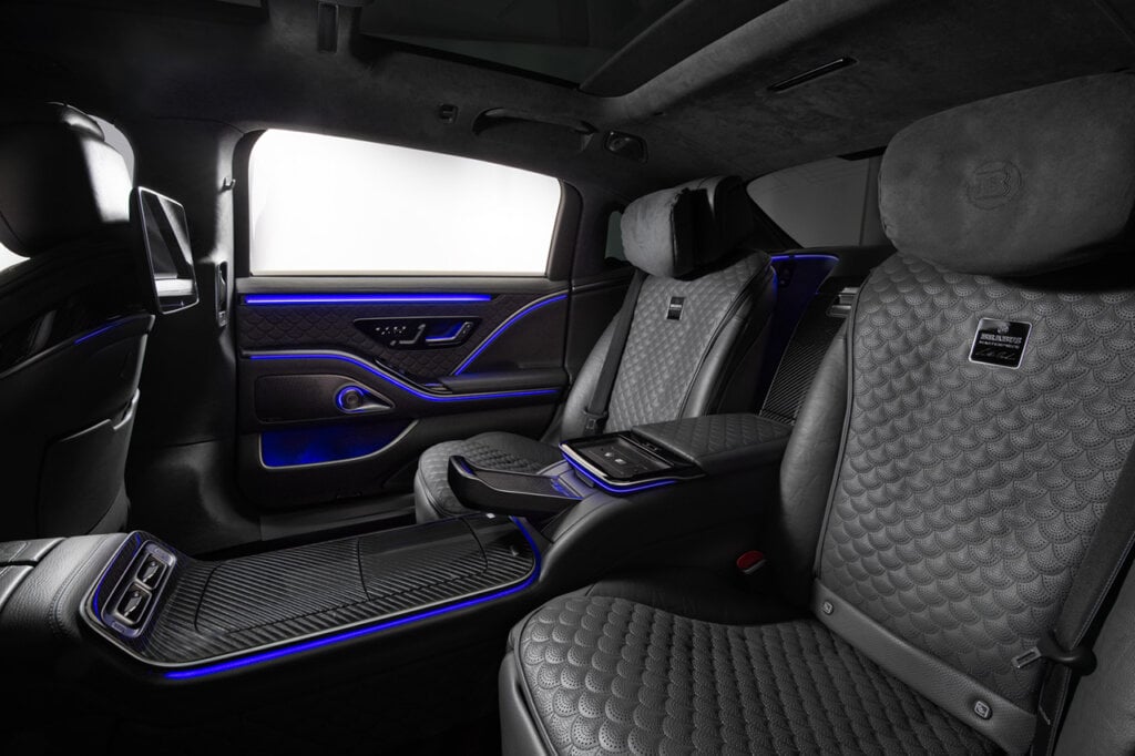 Custom black leather interior of a 850 Brabus car