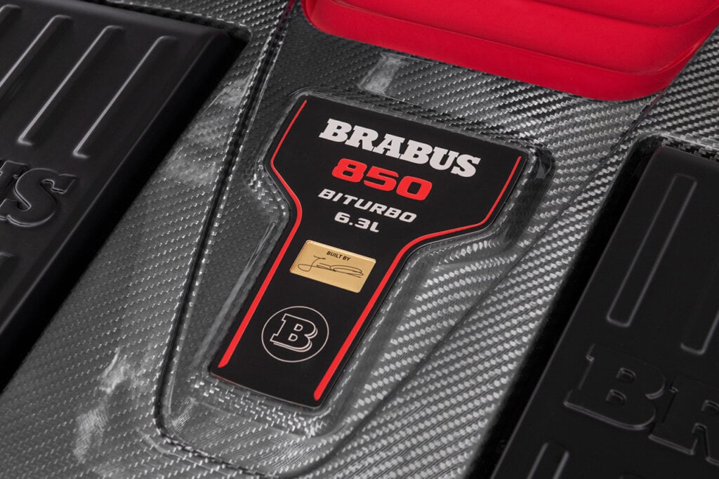 interior badging in the Brabus 850 red and yellow accents with carbon fiber panels