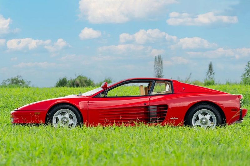 side profile of a Red Ferarri with tall green grass on either side of the car and a blue sky with clouds 