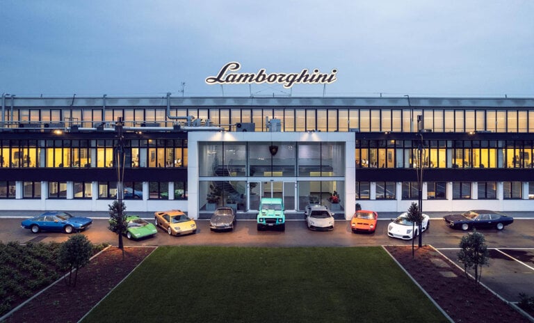 Lamborghini vehicles in front of building