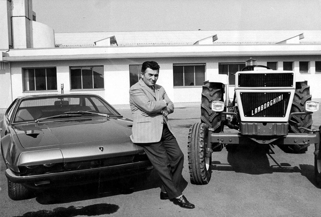 Ferruccio Lamborghini with a Jarama and one of his tractors.