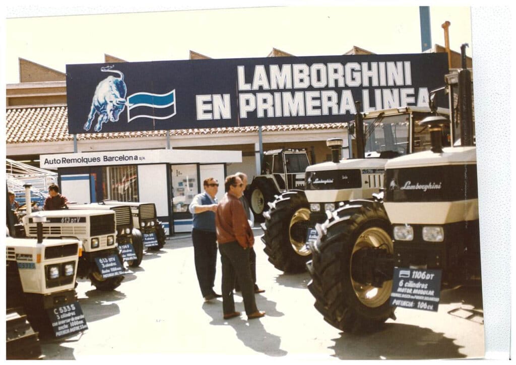 tractors in front of a lamborghini store