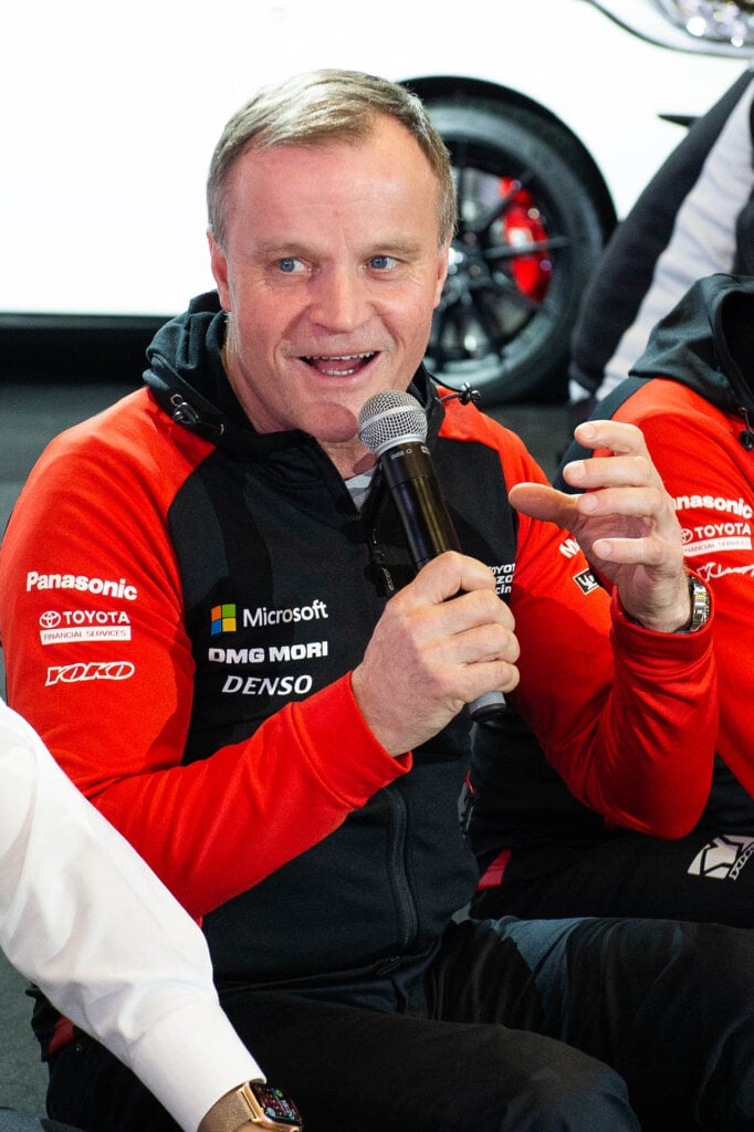 Tommi Mäkinen speaking at a toyota press conference