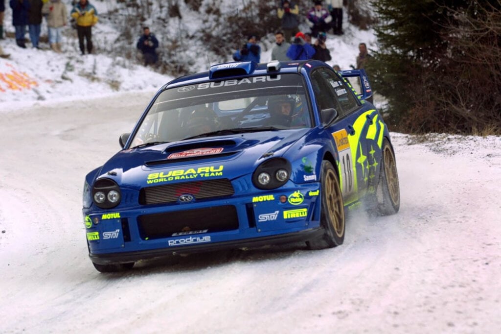 blue subaru rally car driven by Tommi Mäkinen