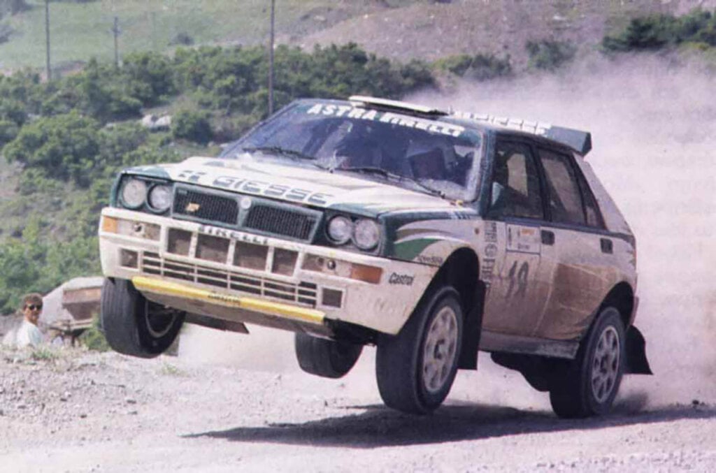 tommi makinen and his co-driver driving a Lancia delta HF