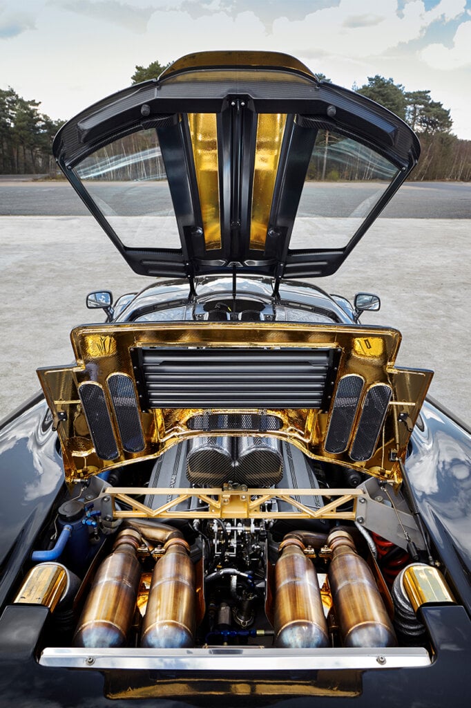 Upgraded McLaren F1 engine with gold accents on metal tubing and braces