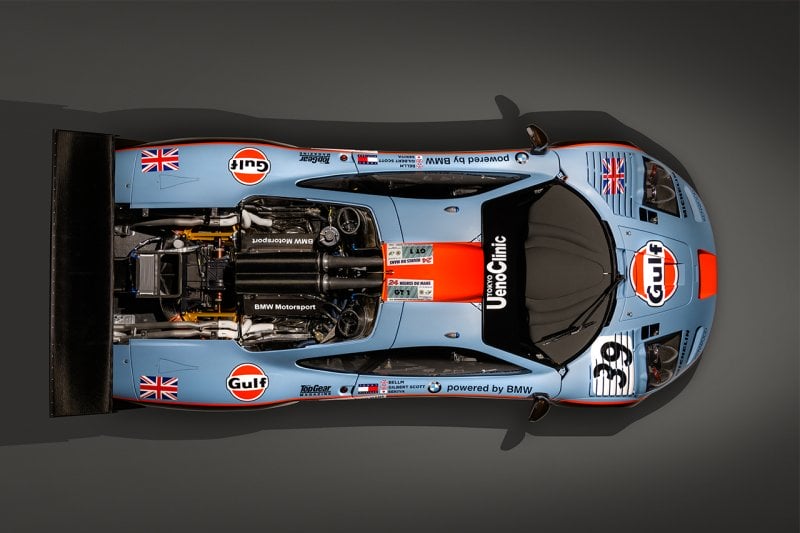 Aerial view of a blue and orange Gulf Livery McLaren F1