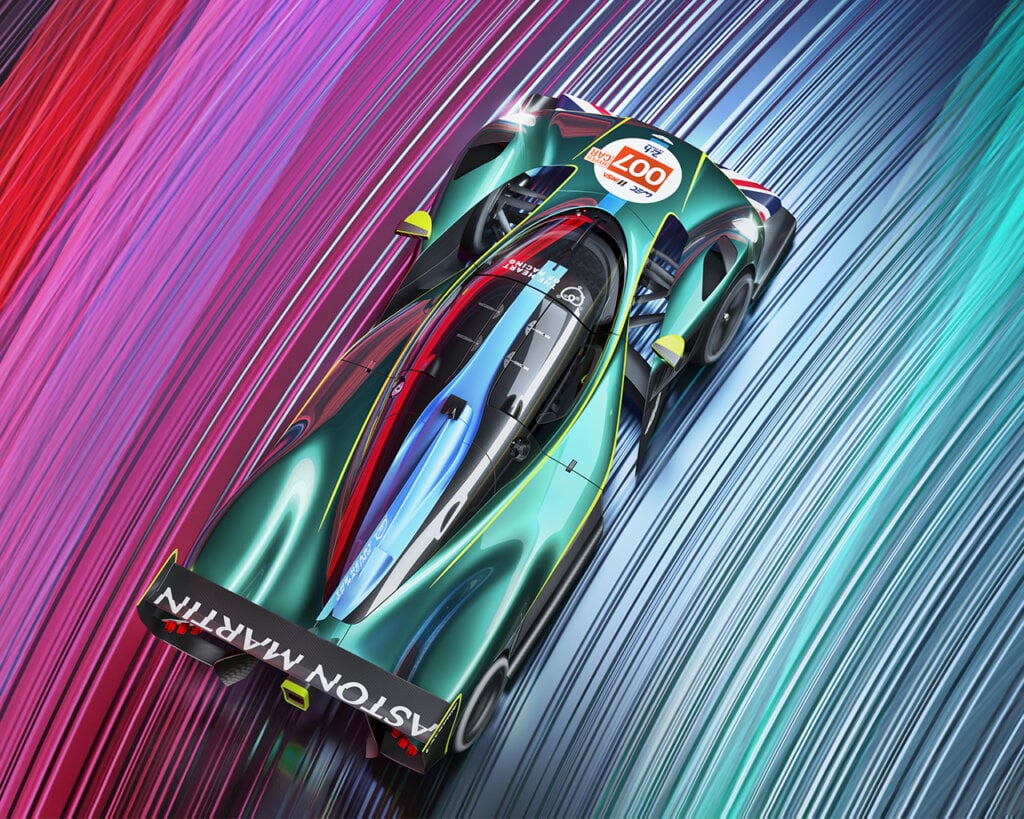 Aerial view of Aston Martin Valkyrie, streaks of red, pink, blue, and green surrounding the car