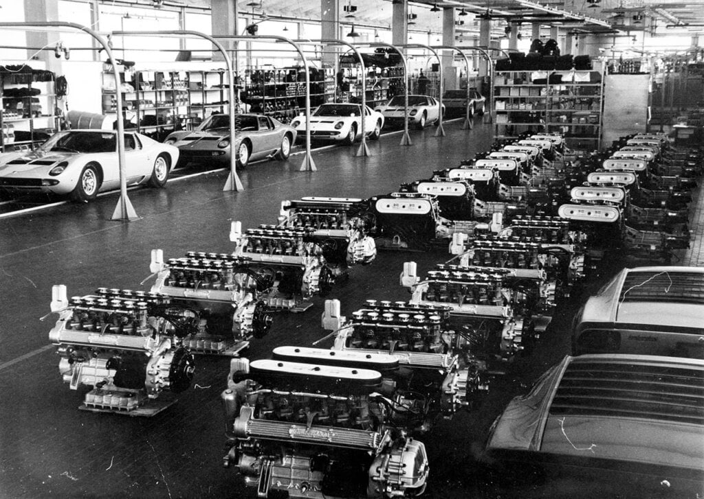 lamborghini miura and engines in a factory