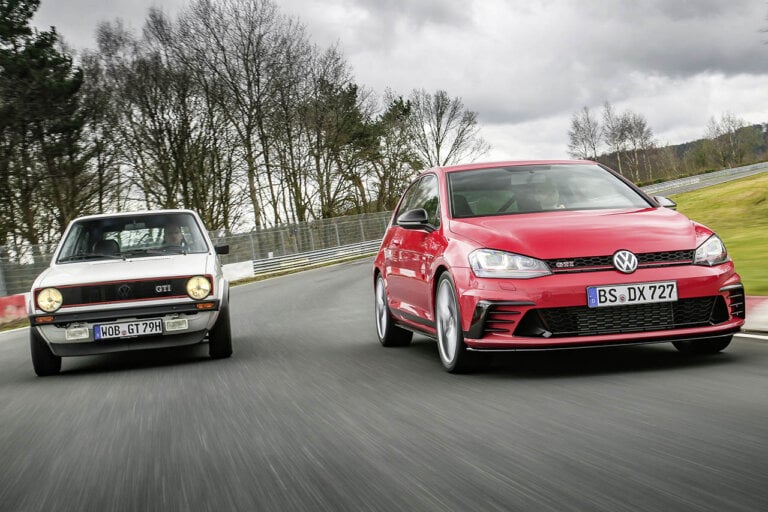 red and white vw golf GTI cars on a race rtack