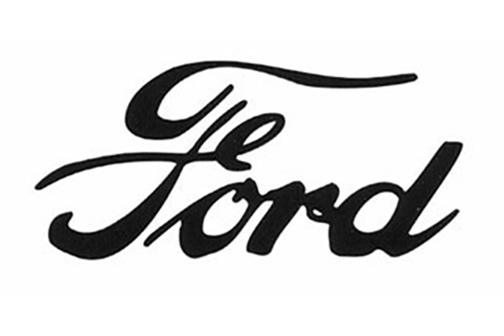 Black word in a script font that says Ford on a white background