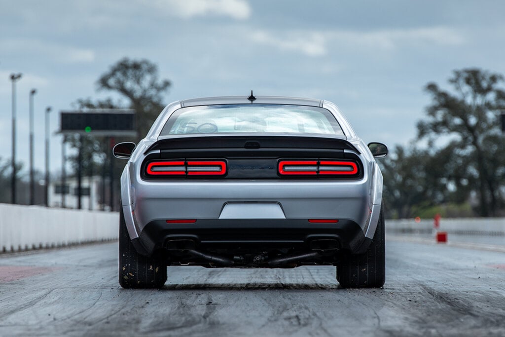Rear view of the Dodge Demon Challenger ready to go on a drag strip