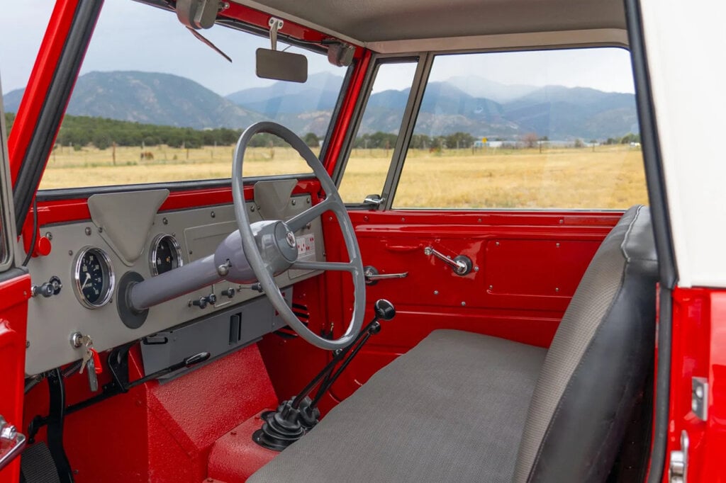 Custom Interior of a Scout 80 with refinished steering wheel, dash and seats