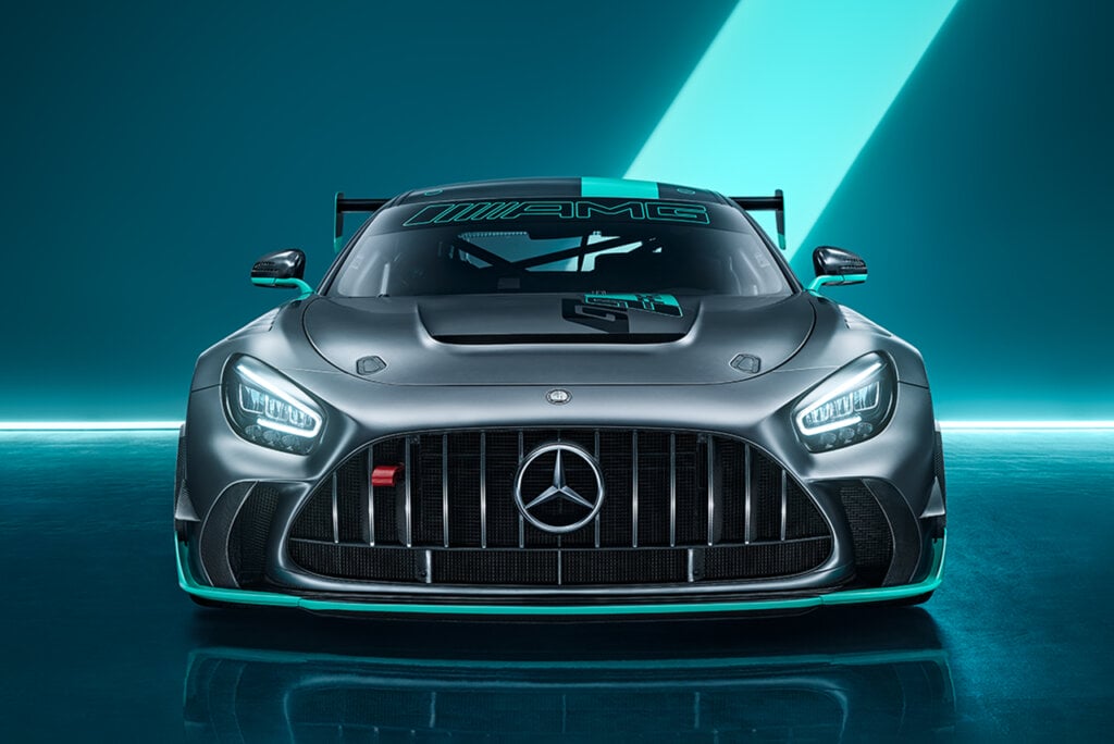 Front end shot of the grill and headlights of the AMG GT2 Pro