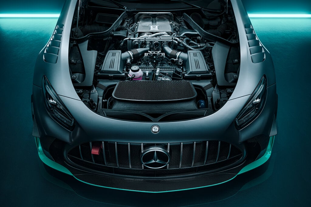 Engine shot of the Mercedes AMG GT2 Pro with the engine showing hood taken off
