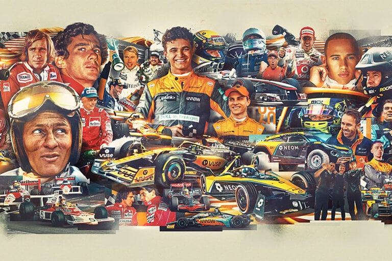 Numerous McLaren pro racecar drivers with various f1 race cars collaged together on beige background