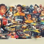 Numerous McLaren pro racecar drivers with various f1 race cars collaged together on beige background