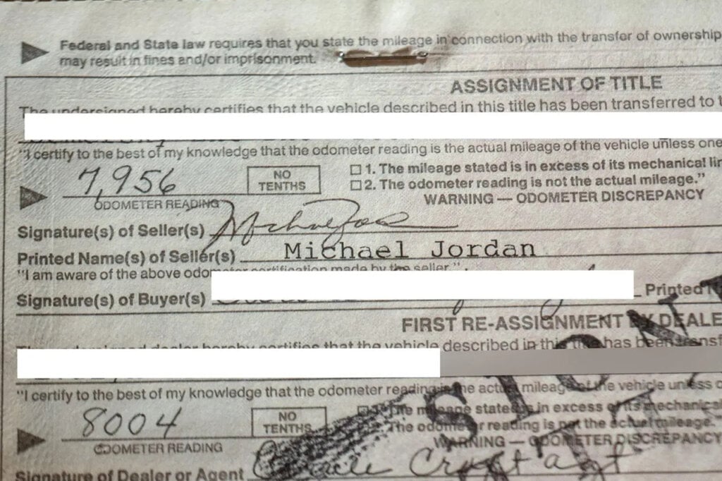 Bill of sale document with Michael Jordan's signature