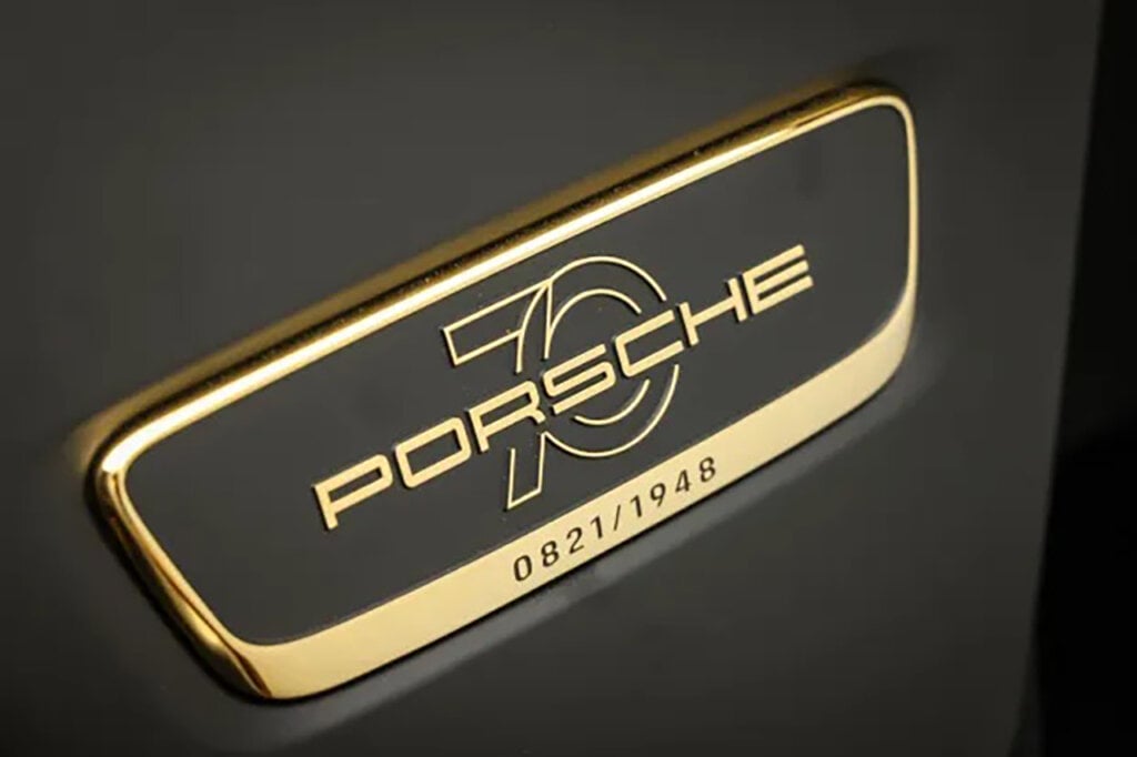Gold finished Porsche 70th Anniversary logo limited production 0821/1948