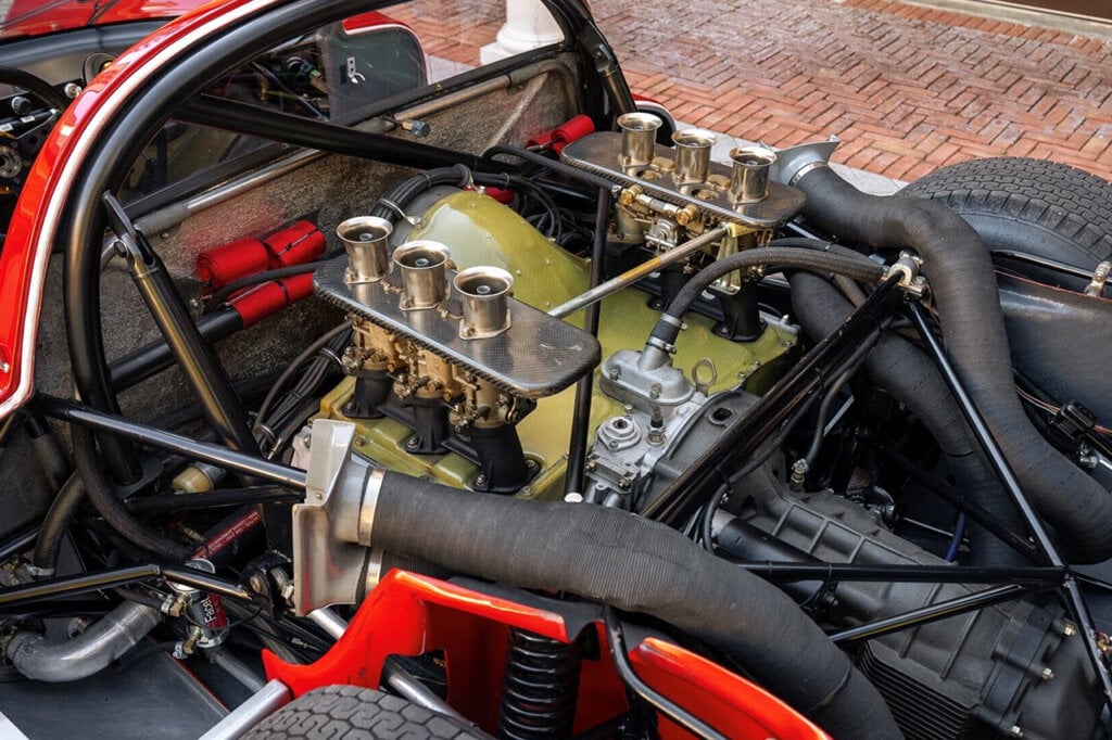 2.0L Carrera 6 engine in a 906, exposed throttle bodies in a red car