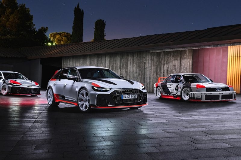 Three versions of Audi's with the same white, red and black color scheme.
