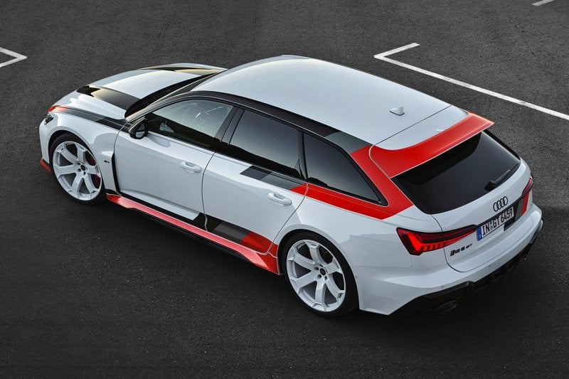 Top view of white Audi RS6 with red accents on rear and side skirts