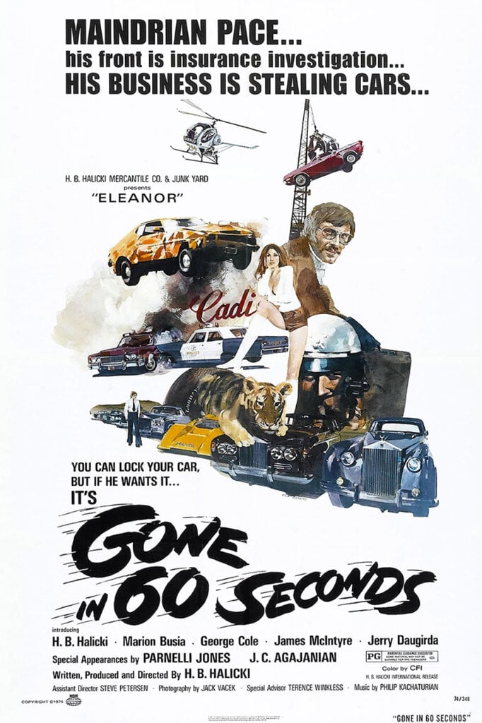 Gone in Sixty Seconds movie poster with writing and pictures next on it