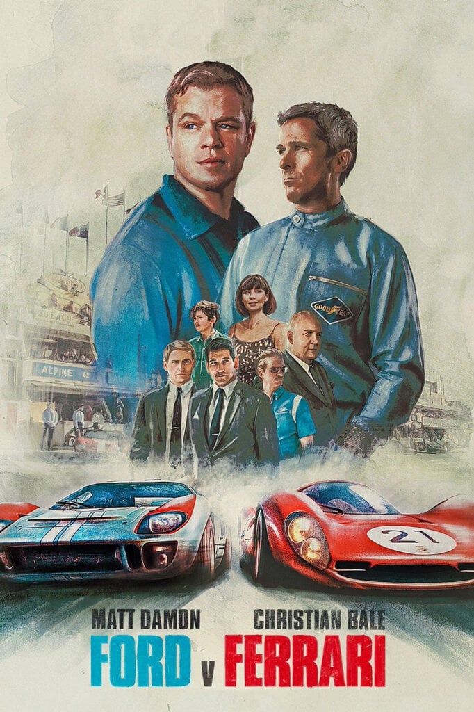 Ford v Ferrari movie poster with actors and two cars on it