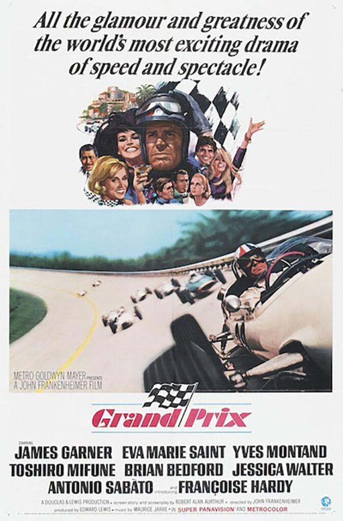 Gran Prix movie poster with people, race cars, and writing