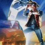 Man standing next to a car for a movie poster of Back to the Future