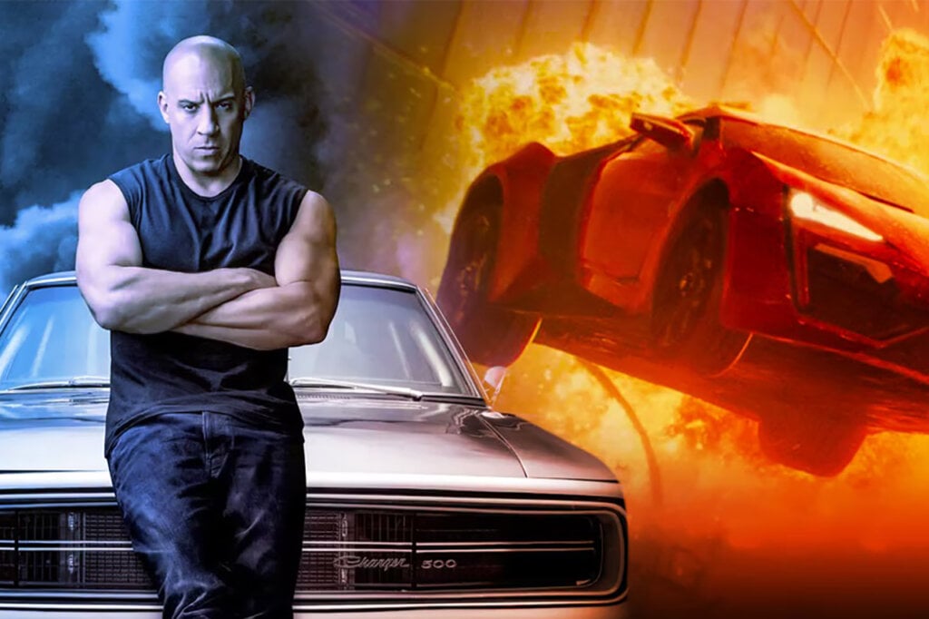 Movie poster with a man on the left in front of a dodge challenger and an orange Lycan Hypersport car with fire behind it