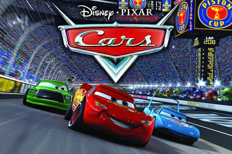 Animated movie poster of three cars, one green, one red, and one blue with the Cars logo above them