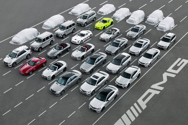 AMG fleet, 6 rows of cars next to each other with the word AMG slanted in the same orientation