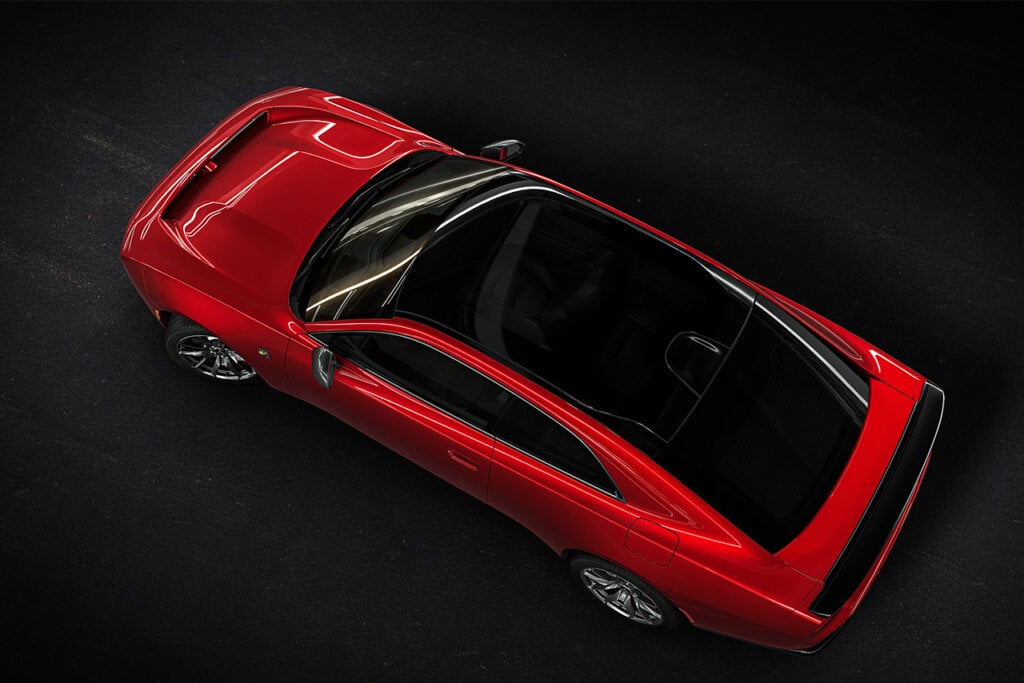 Aerial view of red Dodge Charger Daytona scat pack